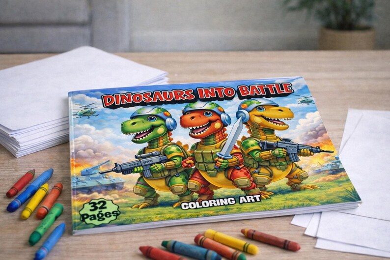 Målarbok för dinosaurier, pojkar, åldrar 4-8, dinosauriearmékrigare, stridssidor för barn, coola stegosaurus- och t-rex-aktiviteter, utskrivbara, digital nedladdning, 32 sidor bild 18