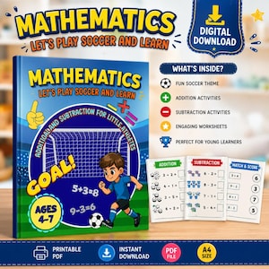 Puede incluir: Un libro de ejercicios de matemáticas en descarga digital para niños de 4 a 7 años con temática de fútbol. La portada muestra una portería, un jugador de dibujos animados y ecuaciones. Incluye hojas de suma, resta y actividades de emparejar.
