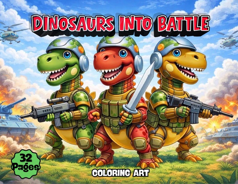 Målarbok för dinosaurier, pojkar, åldrar 4-8, dinosauriearmékrigare, stridssidor för barn, coola stegosaurus- och t-rex-aktiviteter, utskrivbara, digital nedladdning, 32 sidor bild 15