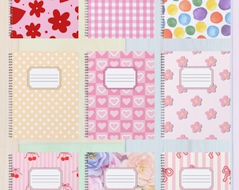 Capas para cadernos de composição, 10 modelos, design colorido para a volta às aulas, download digital em PDF para impressão, 2550 x 3300 px.