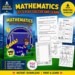 Może przedstawiać: Cyfrowe, edukacyjne ćwiczenia do pobrania zatytułowane "Matematyka: Zagrajmy w piłkę nożną i uczmy się". Okładka przedstawia motyw piłkarski z chłopcem z kreskówki. Zawiera zadania z dodawania i odejmowania dla dzieci w wieku 4-7 lat. Zawiera również arkusze.