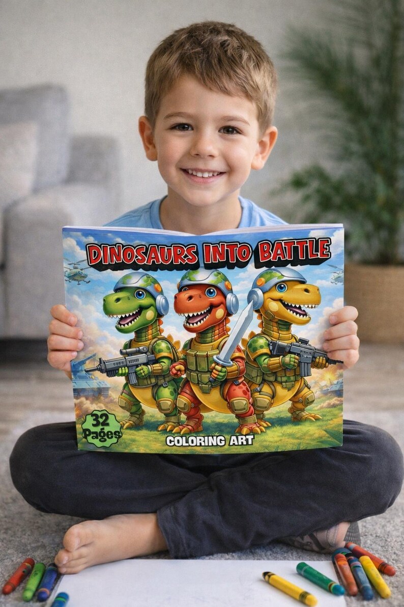 Målarbok för dinosaurier, pojkar, åldrar 4-8, dinosauriearmékrigare, stridssidor för barn, coola stegosaurus- och t-rex-aktiviteter, utskrivbara, digital nedladdning, 32 sidor bild 3
