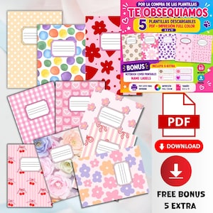 Puede incluir: Una colección de cubiertas de cuadernos coloridas con varios patrones, incluyendo lunares, flores y corazones. Cada cubierta tiene una etiqueta blanca para el nombre. La imagen también incluye un gráfico promocional con el texto "FREE BONUS 5 EXTRA".