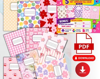 Colorful Composition Notebook Covers Bundle, 10 Printable School Cover Templates for Kids, Back to School Digital Download PDF Bonus Extra 5