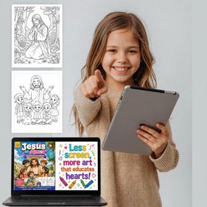 Puede incluir: Una colección de libros para colorear digitales con dibujos en blanco y negro de Jesús orando y Jesús con niños, mostrados en la pantalla de una computadora portátil junto a una portada colorida con el texto Jesus es Amor y Less screen, more art.