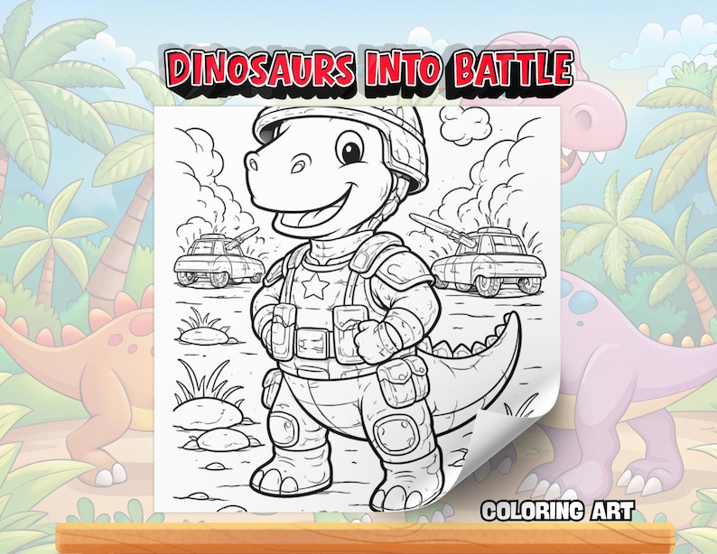 Målarbok för dinosaurier, pojkar, åldrar 4-8, dinosauriearmékrigare, stridssidor för barn, coola stegosaurus- och t-rex-aktiviteter, utskrivbara, digital nedladdning, 32 sidor bild 8