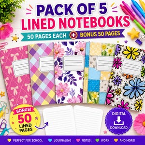 Puede incluir: Un paquete de 5 cuadernos rayados con diversos diseños de portada que incluyen lazos rosas, cuadros morados y amarillos, flores rosas, patchwork azul y margaritas coloridas. Cada cuaderno contiene 50 páginas, con 50 páginas extra como descarga digital.
