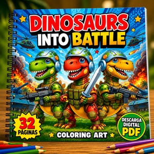 Målarbok för dinosaurier, pojkar, åldrar 4-8, dinosauriearmékrigare, stridssidor för barn, coola stegosaurus- och t-rex-aktiviteter, utskrivbara, digital nedladdning, 32 sidor bild 1