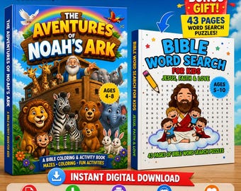 Bibelaktivitetsbok Noahs Ark Barn Utskrivbara Målarbilder Labyrinter Kristen Söndagsskola Bonus Ordsökning Pussel Digitalt PDF-paket