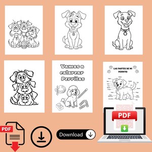 Puede incluir: Una colección de páginas para colorear en blanco y negro con temática de perros, que incluye varias ilustraciones de cachorros, un caniche con materiales de arte y un diagrama titulado "LAS PARTES DE MI PERRITO" con el texto "Vamos a colorear Perritos".