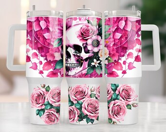 Pink rose. Pink vines. Skull. 40 oz Tumbler.