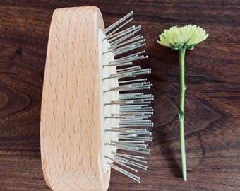 Beechwood Scalp Brush Massager with Metal Bristles for Hair Vitality & Growth