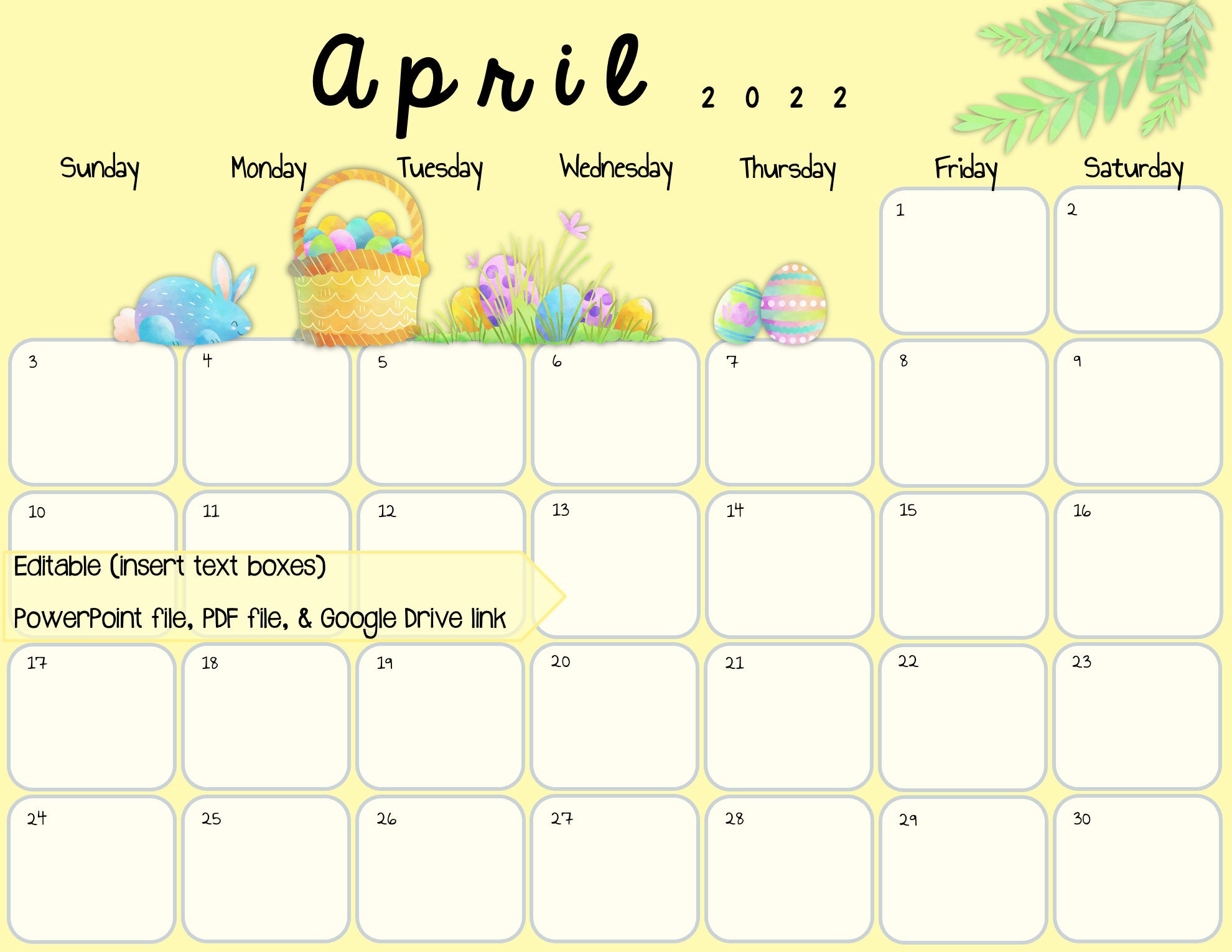 Easter 2022 Calendar April 2022 Calendar Easter Theme | Etsy