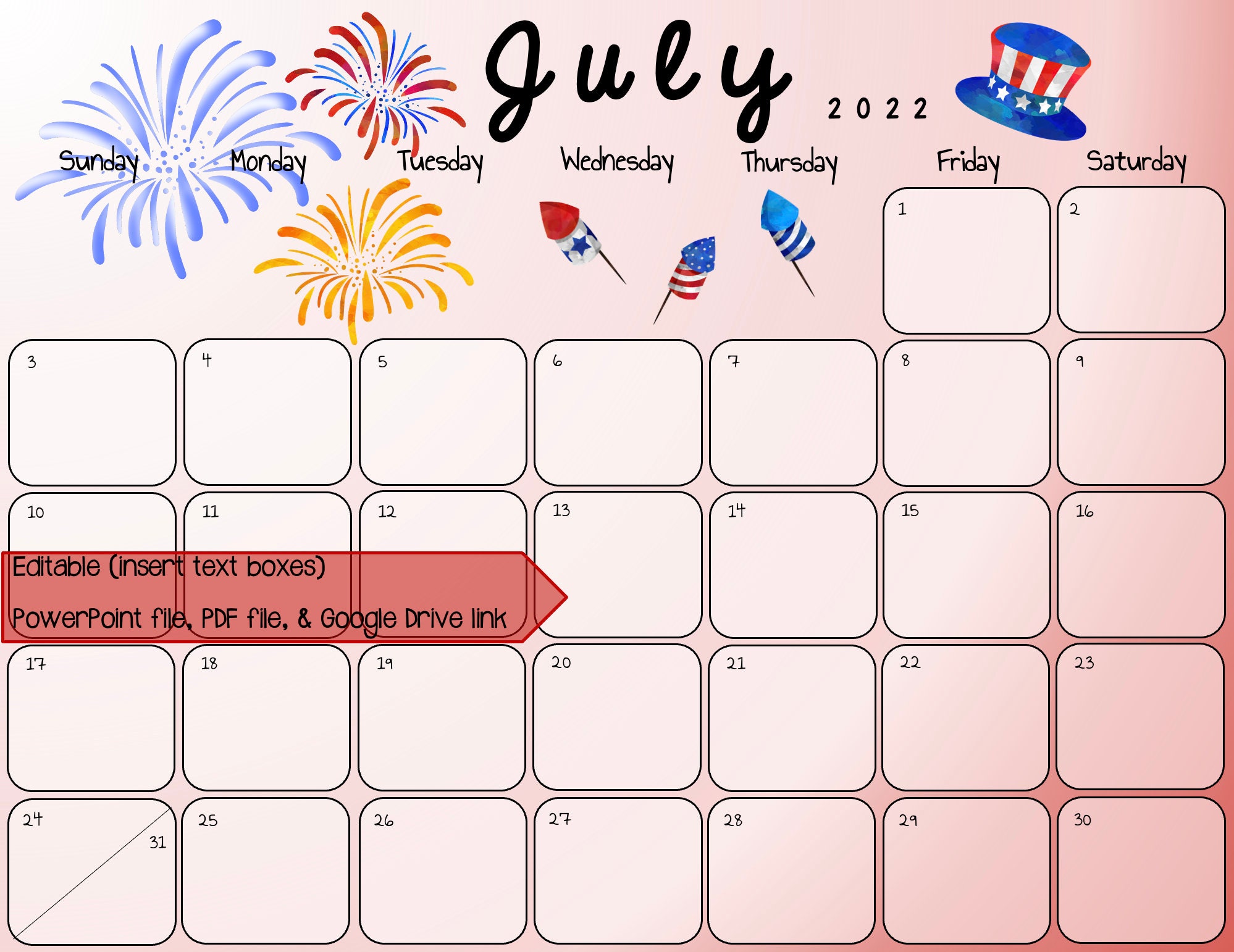 4th Of July 2022 Calendar July 2022 Calendar 4Th Of July Theme | Etsy Ireland
