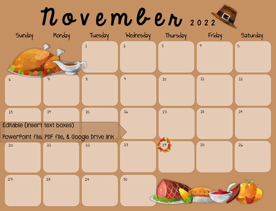 Thanksgiving 2022 Calendar November 2022 Calendar Thanksgiving Theme | Etsy