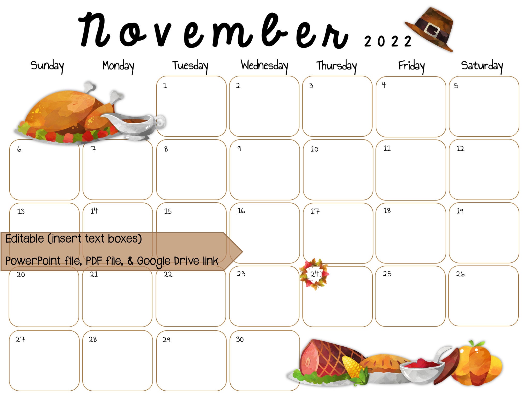 November 2022 Calendar thanksgiving Theme Etsy