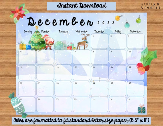 December 2022 Calendar Christmas Theme December 2022 Calendar Christmas Theme | Etsy