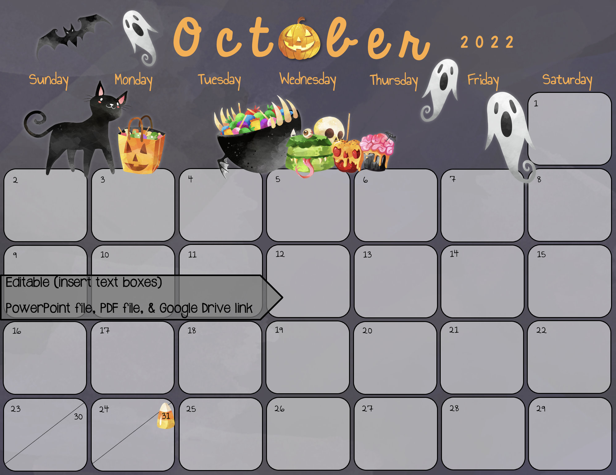 October 2022 Calendar Halloween Theme | Etsy