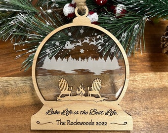 Personalized Family Name Lake Life wooden ornament, custom monogrammed new lake home housewarm gift, Christmas at the lake house cabin decor