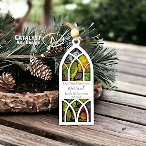 First Christmas Married Acrylic Faux Stain Glass Window Ornament, Spiritual Church Reader Xmas Gift, Personalized Winter Wedding Gift