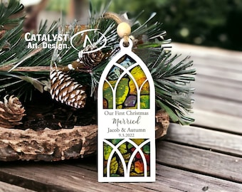 Personalized First Christmas Married Ornament: Faux Stained Glass Window Gift