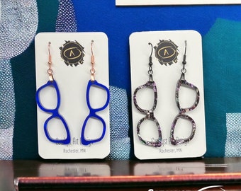 Blue Dangle Glasses Earrings, Tortoise Ophthalmologist Optician Optometrist Eye Doctor Gift, Book Lover Librarian Gift, Quirky Style Jewelry