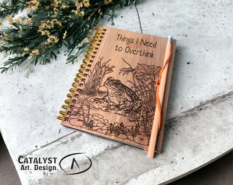 Wood Notebook Journal, Spiral Laser Engraved Travel Diary, Travel Notebook, Funny Frog Gift for Students, Co-Workers, Friends, Meetings