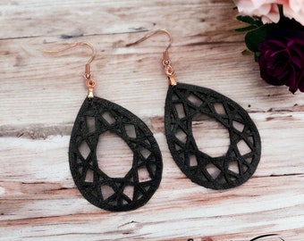 Black Leather Earrings, Bison Leather Earrings, Black Geometric Teardrop Pattern Dangle Earrings, Rustic minimalist Jewelry, Western Wedding