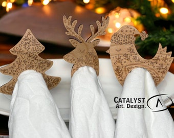 Napkin Rings, Wood Scandinavian Folk Art Style, Christmas Napkin Rings, Holiday Napkin Personalized, 9 design options, set of 4, 6, 8, 12,