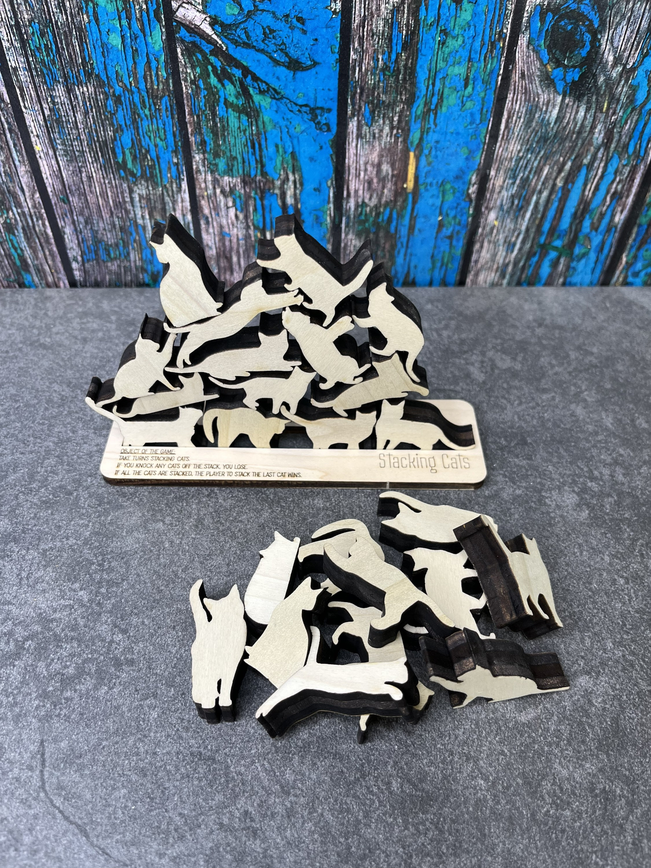 Stacking Cats Wooden Game Stack the Cats Wood Puzzle Personalized Birthday Coworker Cat Lover Gift Bag of 25 Wooden Cat Toy Figurines Etsy