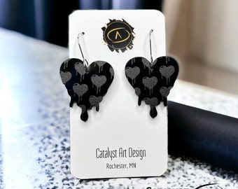 Dripping Black Heart Earrings, stainless steel Melting Heart dangle earrings, Minimalist Goth emo grunge Earrings, bleeding black heart