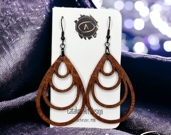Leather Earrings, Real Bison Leather Earrings, Rich Brown Teardrop Pattern Dangle Earrings, simple minimalist Jewelry, Boho Natural