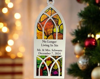 Funny Married Church Window Ornament, Living In Sin religious humor Xmas Gift, Personalized Bride Groom silly Wedding Gift, 2025 Wedding