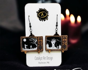 Horror Movie Wood Earrings, Zombie Halloween Party Jewelry, Spooky Retro TV Dangle Hook Earrings, Undead Cemetery Statement Jewelry