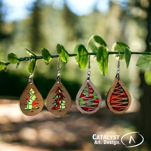 Christmas Tree Earrings Dangle Abstract & Traditional Options // Stained Glass Print With Wood, Festive Unique, Red Green Holiday
