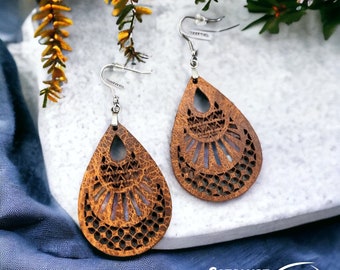 Leather Earrings, Real Bison Leather Earrings, Rich Brown Geometric Pattern Dangle Earrings, Rustic Boho Jewelry, Western Wedding Gifts
