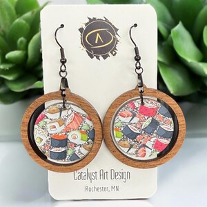 Sushi earrings, round dangle acrylic wood earrings, Sparkle Sushi Lover gift, Japanese food earrings, quirky cute seafood earring gift
