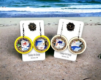 Submarine Porthole Ocean Earrings, Nautical Wood Whale Watching Earrings, Sea Life Ocean Lover Gift for Her