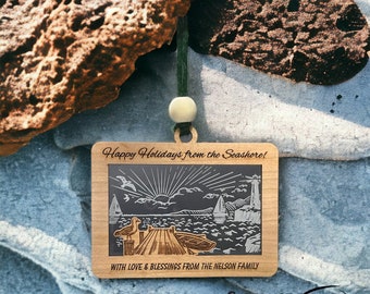 Personalized Beach House Ornament: Engraved Nautical Dock Wooden Gift