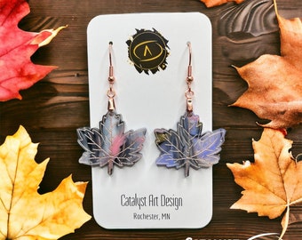 Colorful Fall Leaves Dangle Earrings, Rose Gold Autumn Jewelry Accessory, Pastel Thanksgiving Day Statement Earring Set, Acrylic Maple Tree