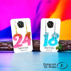Custom birthday number earrings, acrylic lightweight glitter party gold dangle earrings, milestone birthday jewelry gift