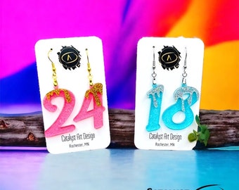 Custom birthday number earrings, acrylic lightweight glitter party gold dangle earrings, milestone birthday jewelry gift