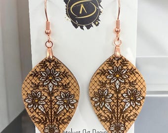 Hand-Painted Scandinavian Floral Wood Earrings: Boho Statement Jewelry