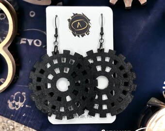Steampunk Leather Earrings: Black Geometric Gear Dangle Earrings