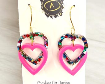 Glitter Heart Dangle Earrings: Gold Stainless Steel & Pink Acrylic