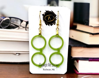 Green Circle Specs Dangle Earrings, Windsor Glasses Lover, Artsy Eyeglasses Optometrist Optician Gift, Fashion Art Jewelry