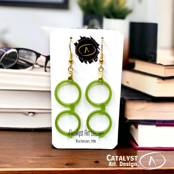 Green Circle Specs Dangle Earrings, Windsor Glasses Lover, Artsy Eyeglasses Optometrist Optician Gift, Fashion Art Jewelry