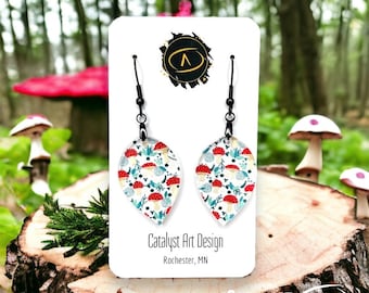 Red Mushroom Dangle Earrings, Red Mushroom Woodland Forest Cottagecore Groovy Jewelry, Statement Festival Earrings Gift for Her Him