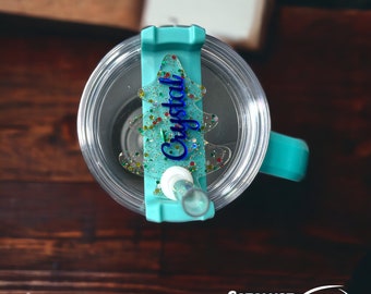 Personalized Christmas Tree Tumbler Topper, Name Tag for 30 or 40oz, personalized lid tag, stanley sized straw, dupe acrylic straw topper