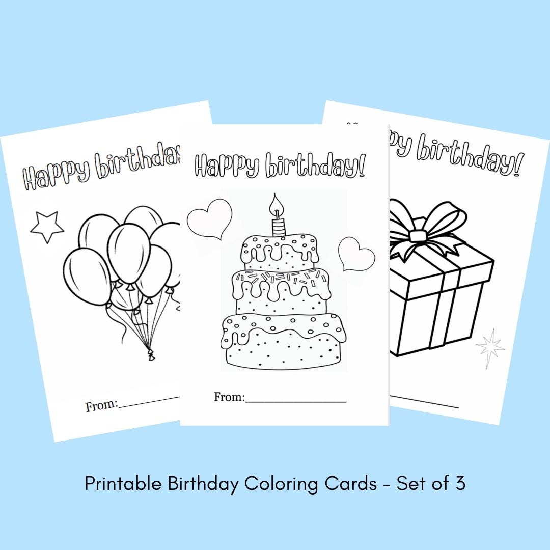 Printable Birthday Coloring Cards for Kids - Set of 3 Designs - DIY ...